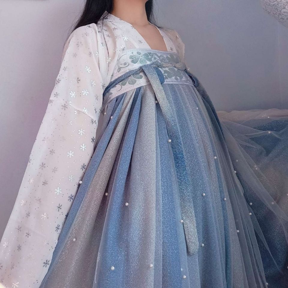 曲玉月魄汉服女烫银钉珠亮丝渐变间色齐胸套装飘逸超仙女月魂古装
