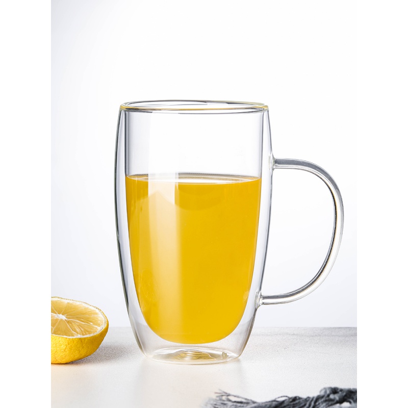 隔热透明玻璃杯带把耐冷热咖啡杯创意圆形水杯果汁杯子冷饮杯双层定制