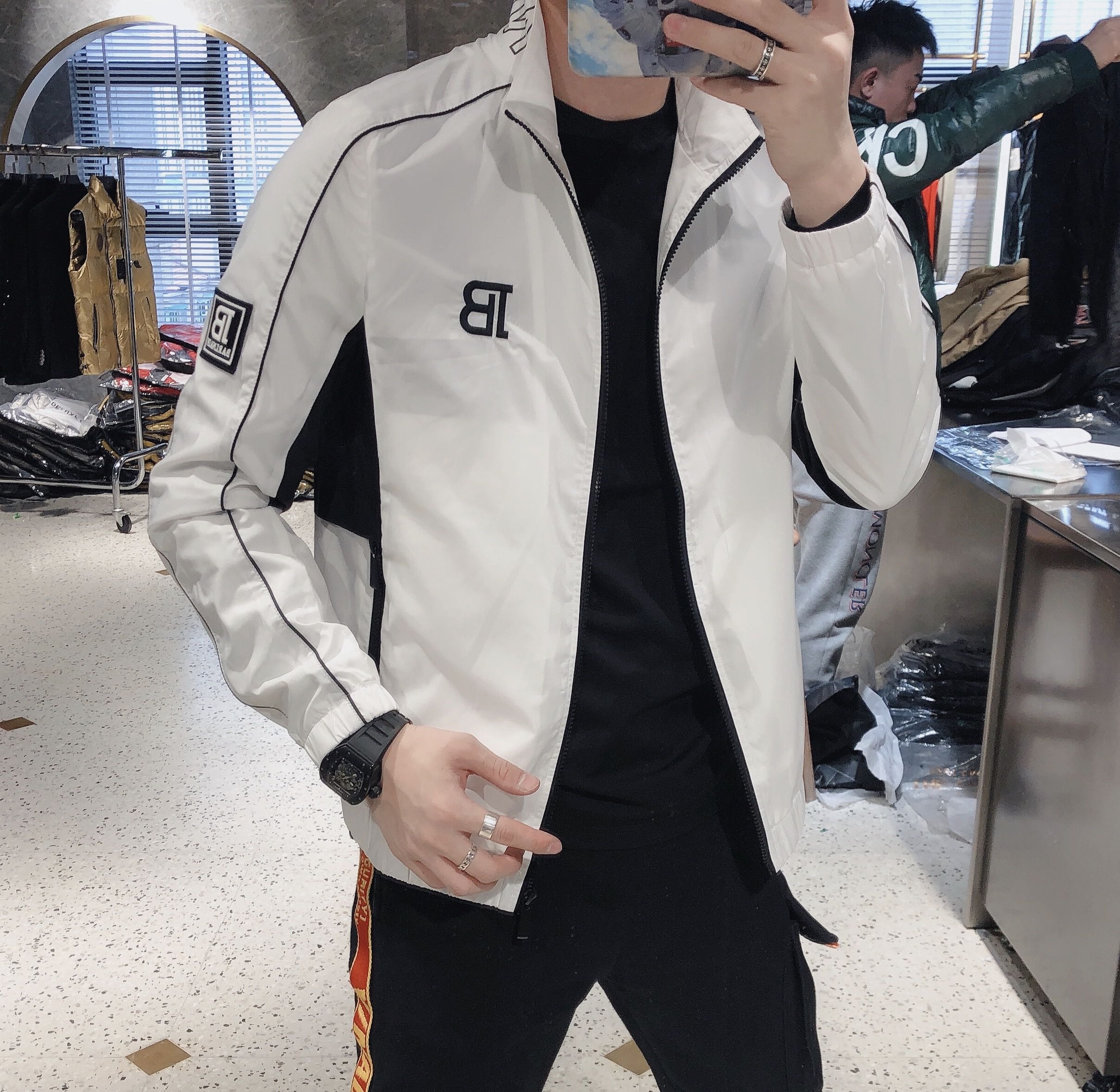 潮流男装2020春季新款休闲拼色夹克男韩版潮流时尚印花男装立领外套潮