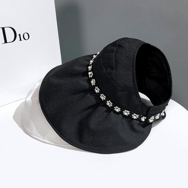 黑色可调节扎马尾帽子女夏帽大檐珍珠花朵渔夫帽防紫外线遮脸空顶遮阳