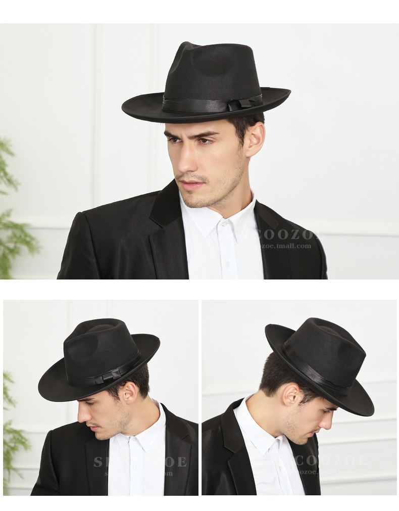 帽子男夏季大檐礼帽复古绅士上海滩帽子新郞结婚帽表演黑色爵士帽