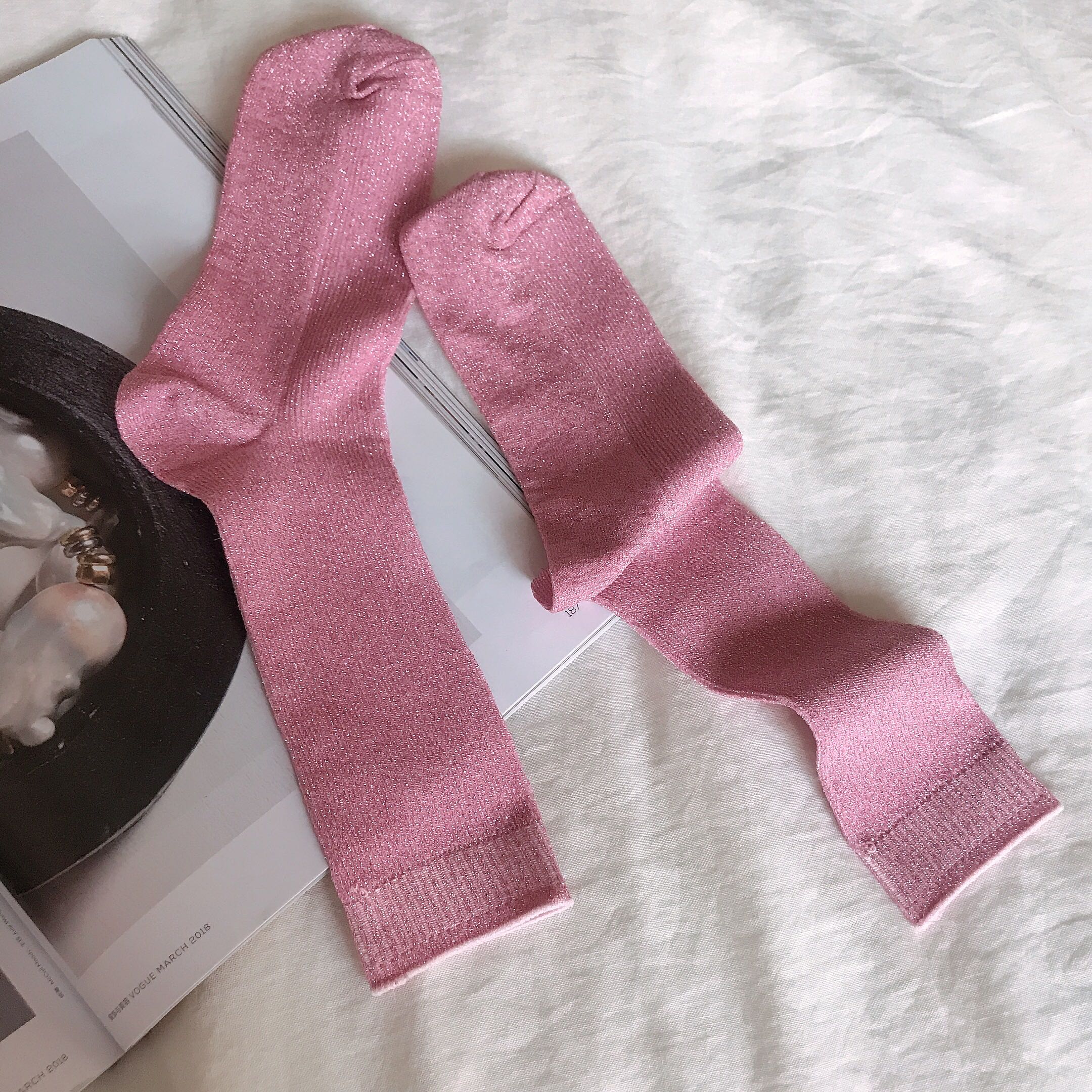 可莉允韩国粉色少女心金银丝堆堆袜袜子搭配毛毛鞋拖鞋袜子