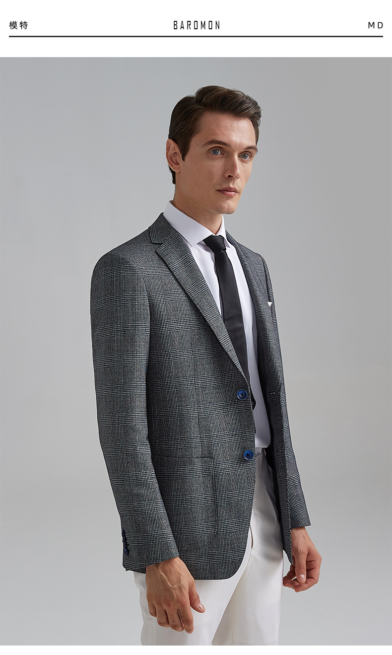 baromon培罗蒙秋男士单西灰色格子便西修身西装商务休闲西服外套