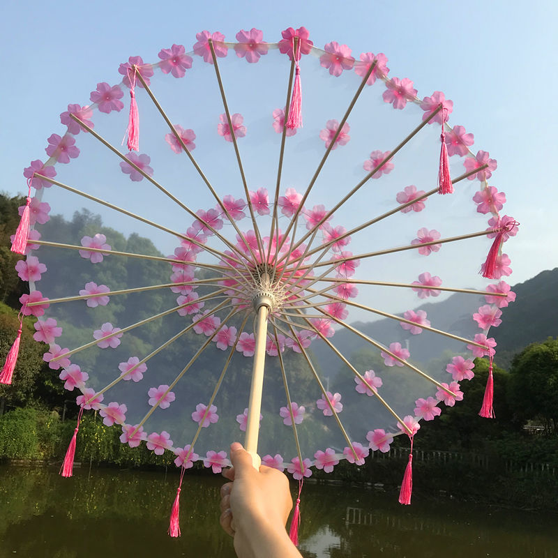 直径76cm透明粉花瓣流苏伞羽毛花朵飘带洛丽塔古风汉服古装cos舞蹈