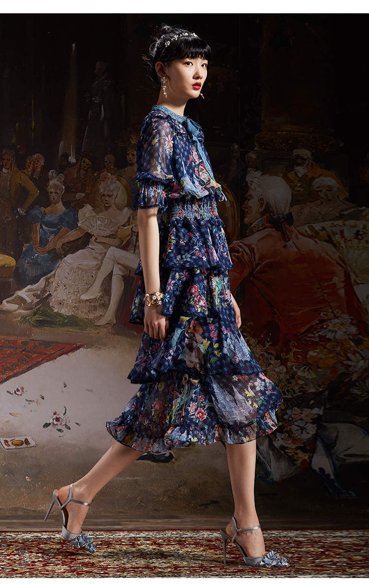 马克华菲女装2020春复古长袖连衣裙印花雪纺连衣裙长款