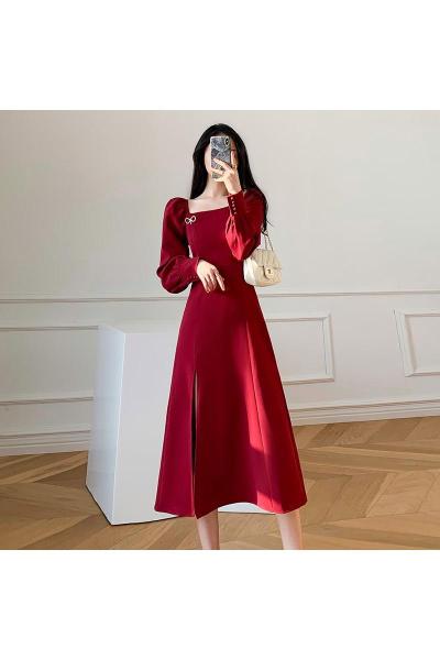 YIBUSHENG2021春季新款女装法式复古红色开叉收腰显瘦名媛气质小礼服连衣裙