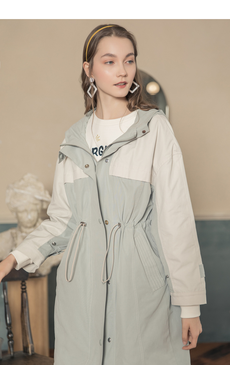 lagogo拉谷谷新款连帽时尚撞色约克中长款收腰风衣外套女