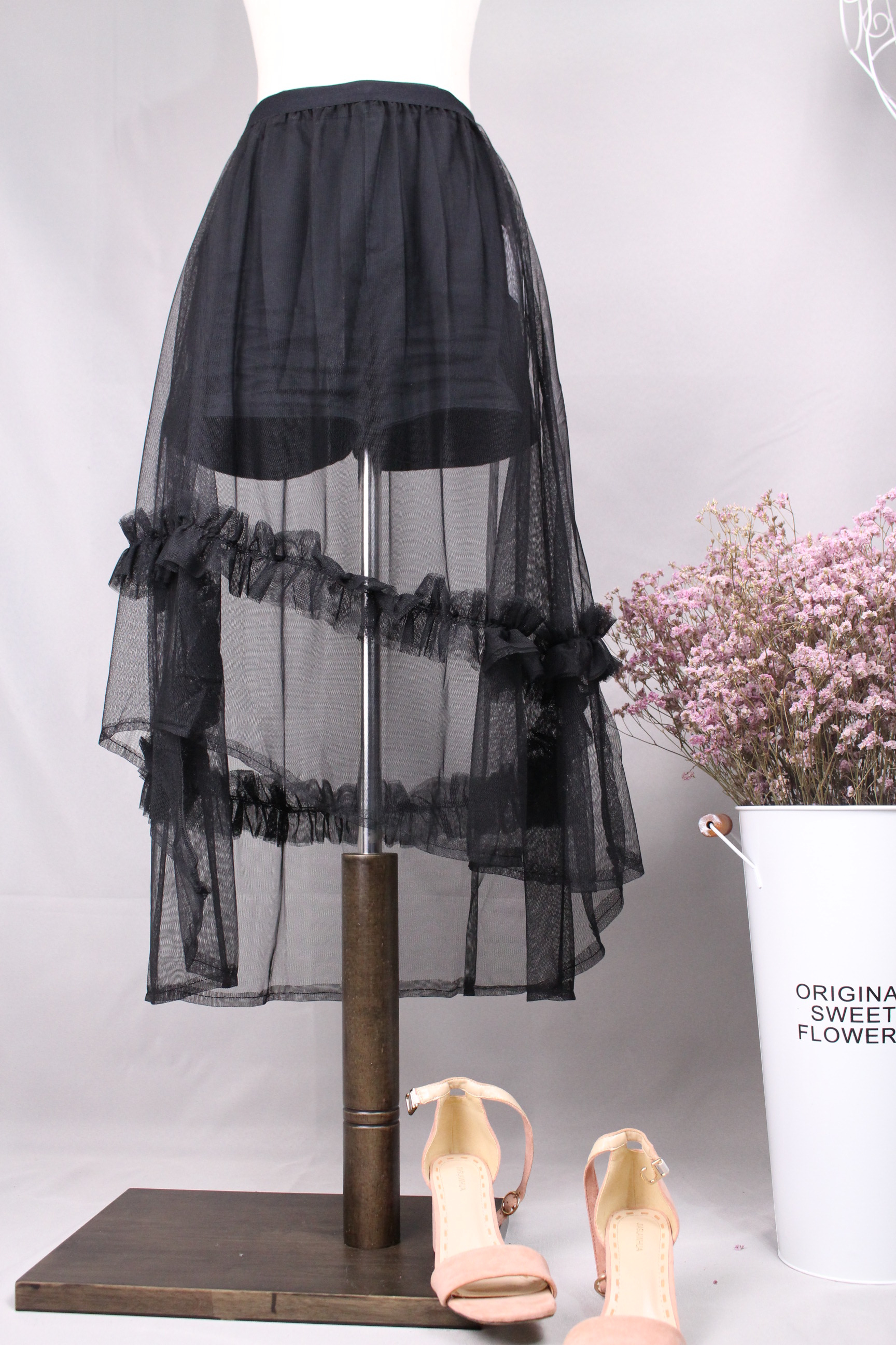 2019秋冬新ins超火的网纱半身裙透视大摆荷叶边透明纱裙不规则暖青汇