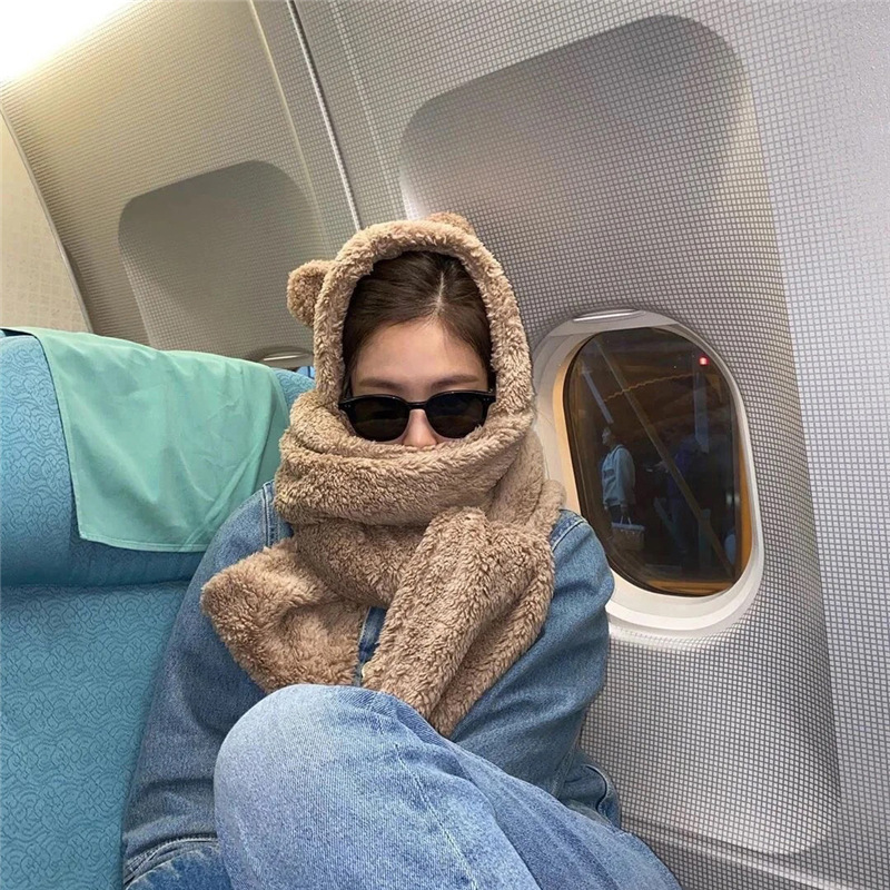 珍妮同款jennie卖萌可爱保暖毛绒羊羔绒小熊耳朵围巾连帽子一体fish