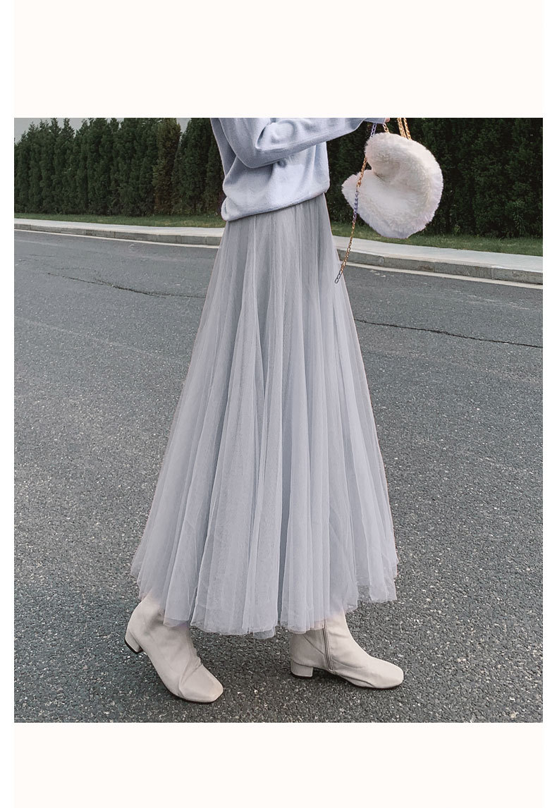 rosuya2021新款中长款网纱半身裙女百褶高腰a字遮胯显瘦大摆长裙