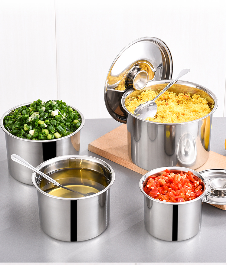 不锈钢圆形桶储物罐调料盆味盅收纳调料盒油罐厨房调料罐带盖家用厨房