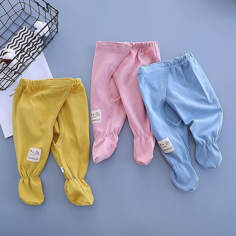 新生婴儿魔术贴包脚裤0-3个月初生宝宝开档秋裤新生儿连脚裤春秋 粉色