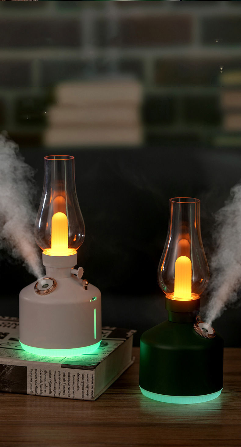 黑色灯体家居氛围灯不插电加湿器复古煤油灯usb喷雾空气加湿机led七彩