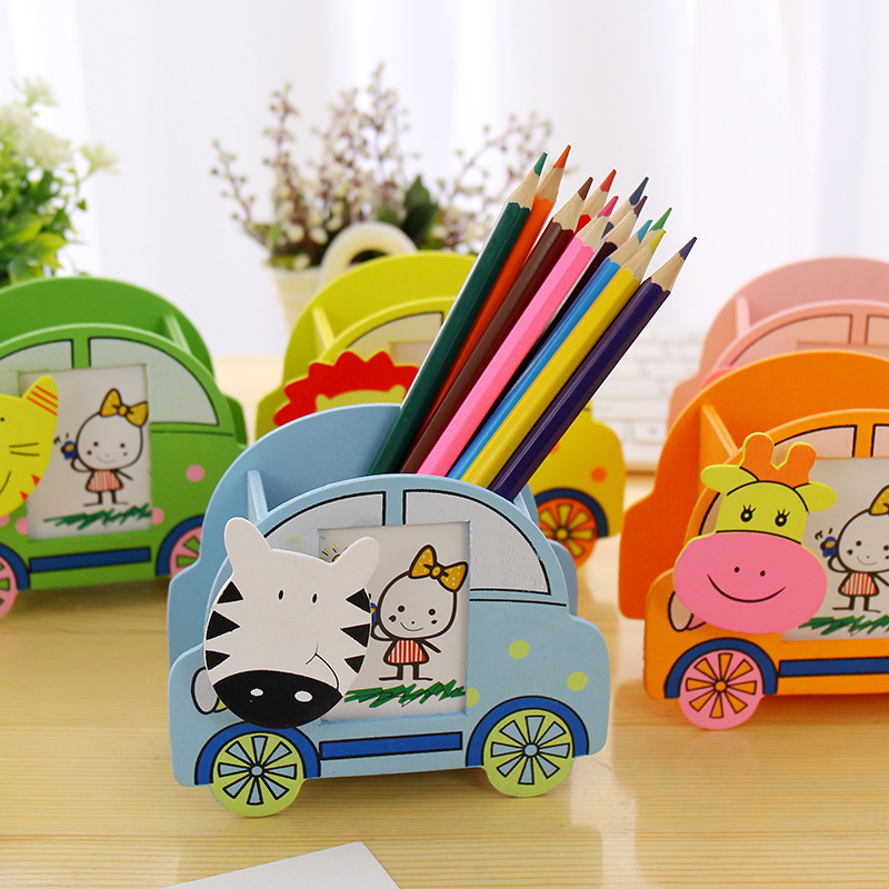 韩国文具 可爱卡通动物收纳盒 时尚创意多功能木质笔筒带相框