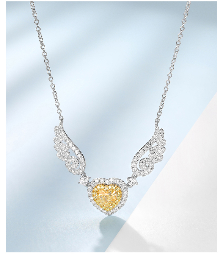佐卡伊18k金天使之翼钻石项链女心形gia黄钻爱心翅膀群镶锁骨链