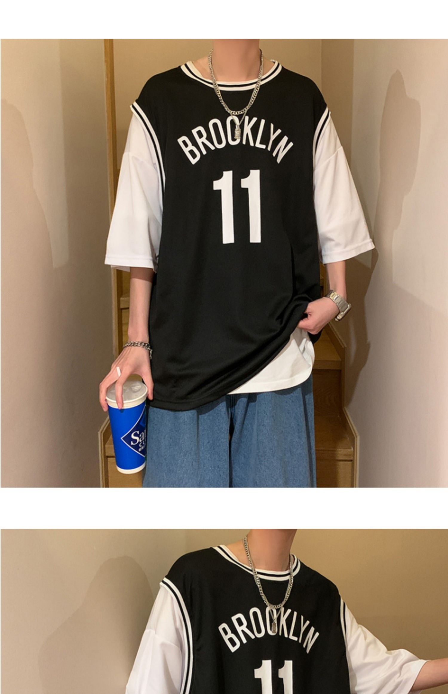 假两件vibe风短袖t恤vintage棒球衫五分袖男夏季篮球服情侣体恤衫