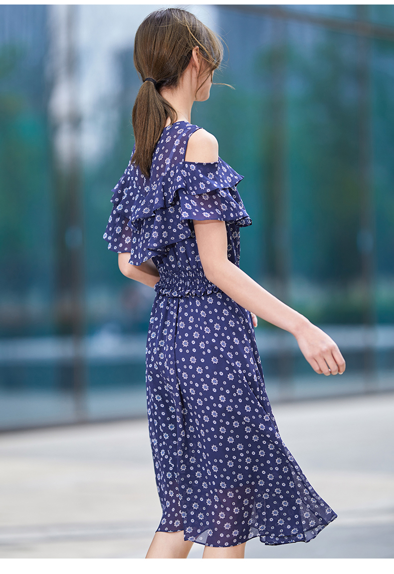 娅丽达女装2019夏季新款雪纺连衣裙中长款圆领高腰甜美公主裙子i6320