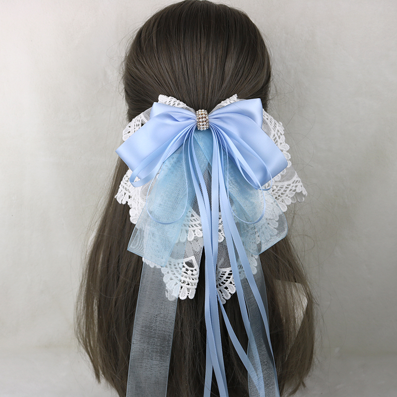 韩版时尚公主范手工洛丽塔刺绣蕾丝超大蝴蝶结后脑勺弹簧发夹饰品白色