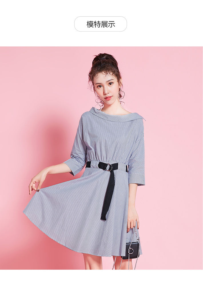 拉夏贝尔夏季新款连衣裙女款7modifier韩版连衣裙收腰显瘦修身条纹a字