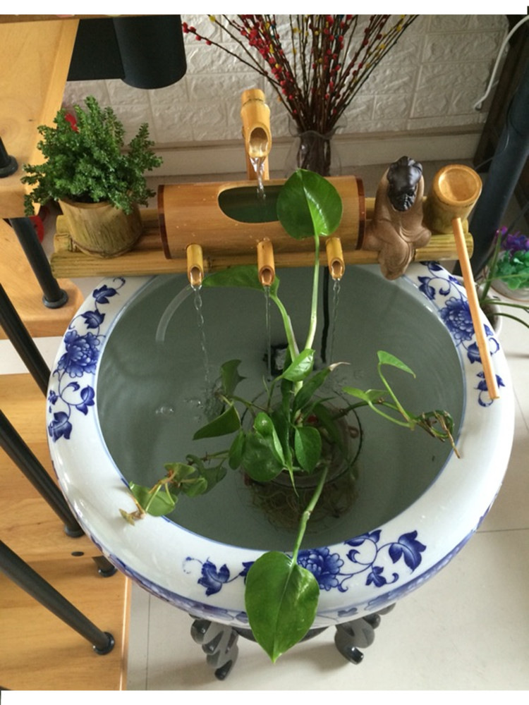 水车风水轮陶瓷流水喷泉摆件风水轮竹子创意水车鱼缸家居客厅办公室