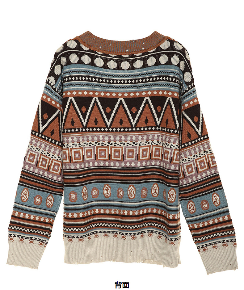 裂帛2020冬季新款缤纷多彩波西米亚风提花v领落肩异域风毛衣女