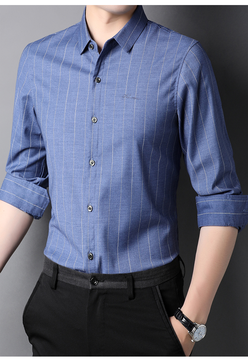 aemape美国苹果春秋季男士条纹长袖衬衫商务休闲爸爸秋装打底寸衫衬衣