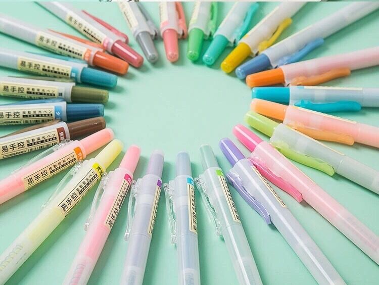 易手控按动荧光笔中性笔重点标记复古色莫兰迪色小清新简约风学生