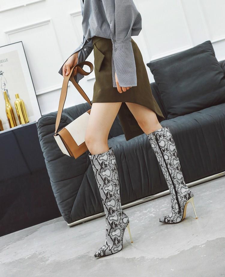 热卖欧洲站性感尖头长靴时尚豹纹蛇纹漆皮拉链恨天高细跟高跟骑士靴女