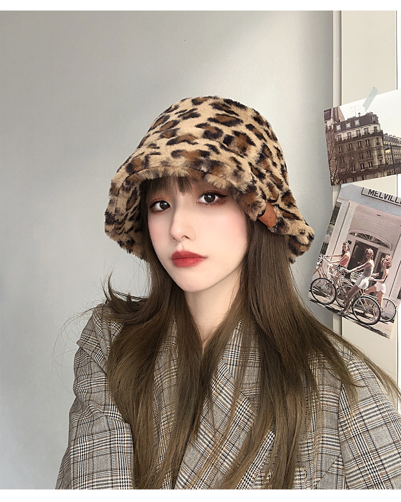suntek帽子 suntek洋气豹纹渔夫帽子女韩版加厚毛绒秋冬日系显脸小