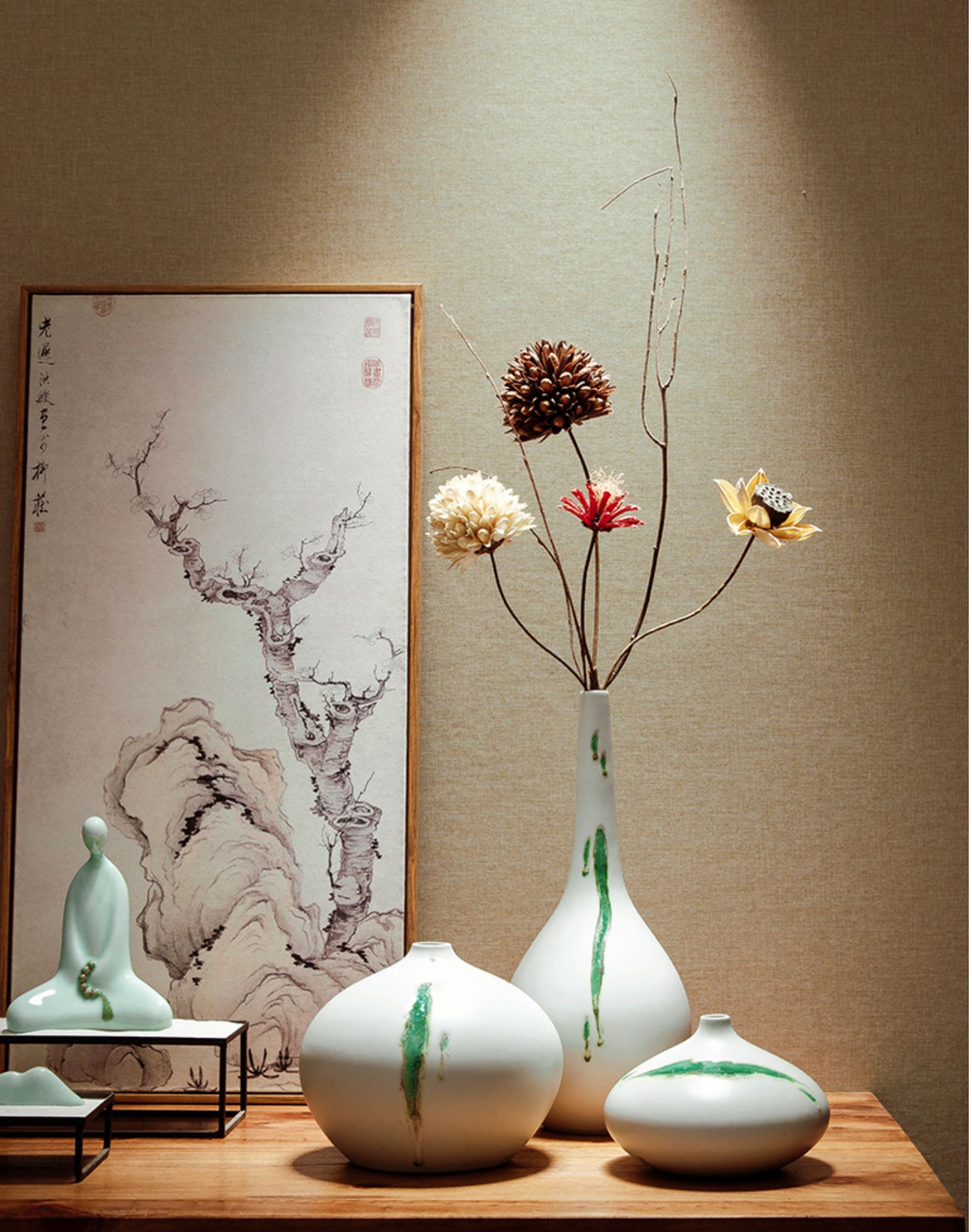 三维工匠景德镇新中式禅意餐桌干花花瓶摆件玄关客厅电视柜插花陶瓷
