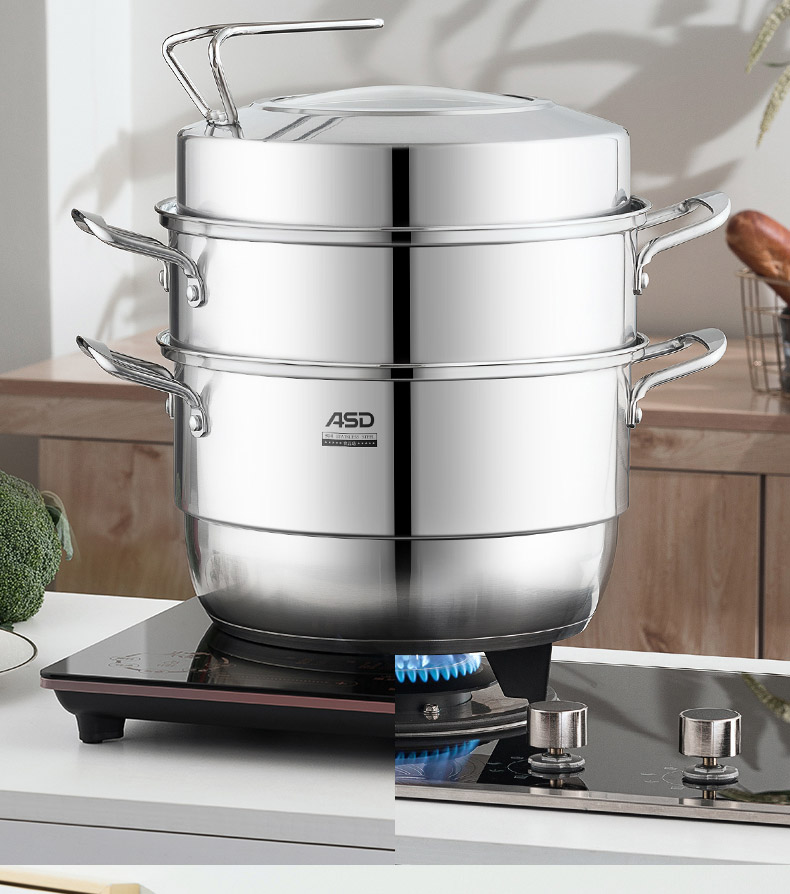 爱仕达asd蒸锅三层28cm304不锈钢家用大容量加厚旋风锅底zs28g1q电磁