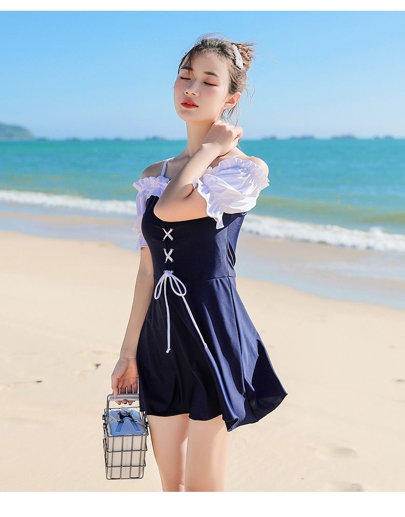 高档2021新款少女泳衣保守连体学生泡温泉遮肚显瘦ins超仙游泳装 2991