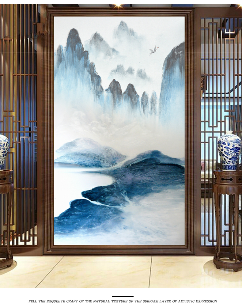 新中式走廊过道壁画玄关墙布客厅水墨画墙纸山水禅意无缝整张壁纸