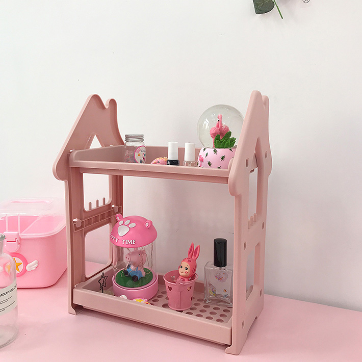 粉色房子造型收纳架少女心桌面化妆品收纳盒房间装饰架整理置物架