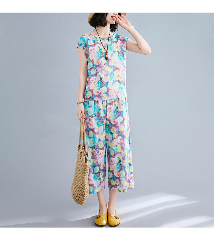 复古印花休闲棉绸套装女时尚外穿夏季人造棉睡衣短袖两件套家居服47号