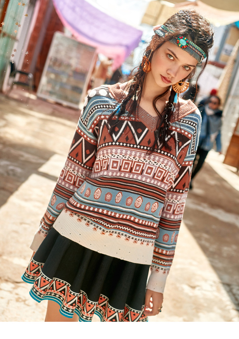 裂帛2020冬季新款缤纷多彩波西米亚风提花v领落肩异域风毛衣女