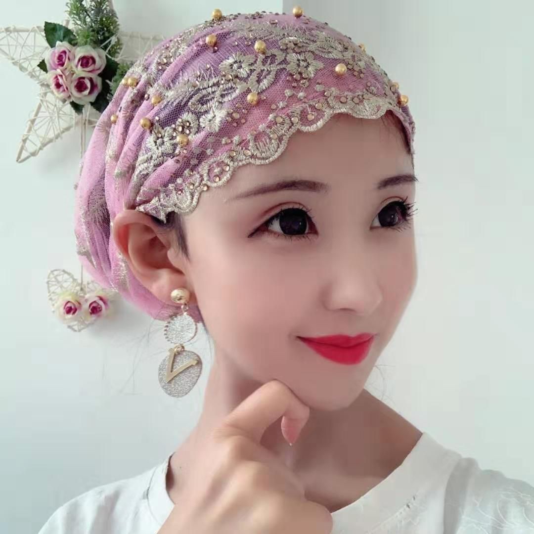 2019春夏新款穆斯林纱巾帽子回族头巾女士帽子盖头绣花钉珠包头帽黑色