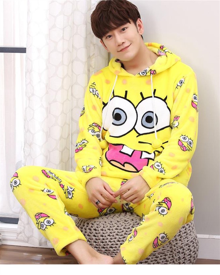 都霏女士套装 爱情公寓同款睡衣冬天张伟海绵宝宝睡衣加绒加厚法兰绒