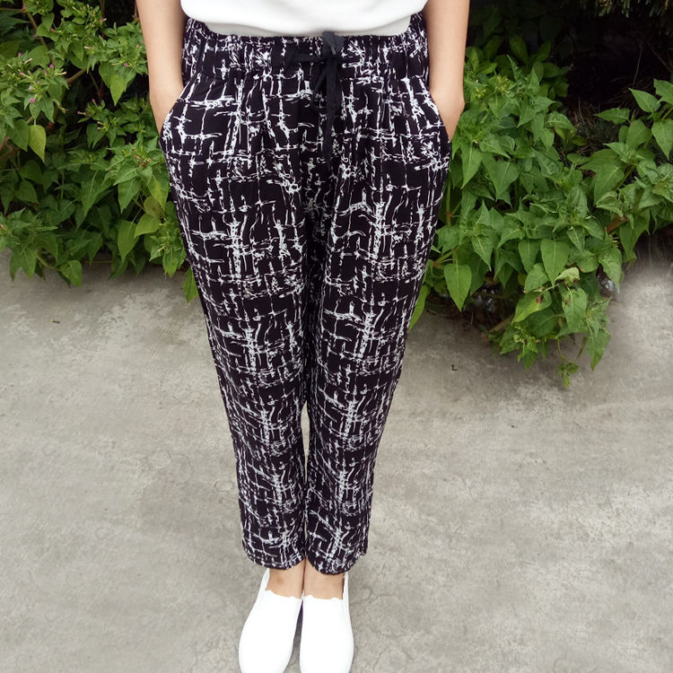 夏季凉人造棉裤子女吸汗纯棉绸防蚊哈伦裤九分薄绵绸休闲宽松大码