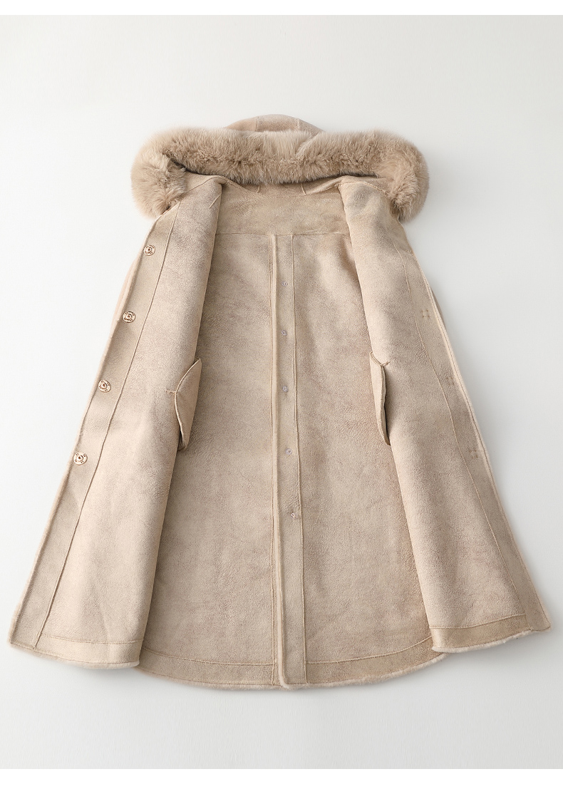 憨厚皇后春季新款羊毛皮大衣女士长款复合皮毛一体连帽外套