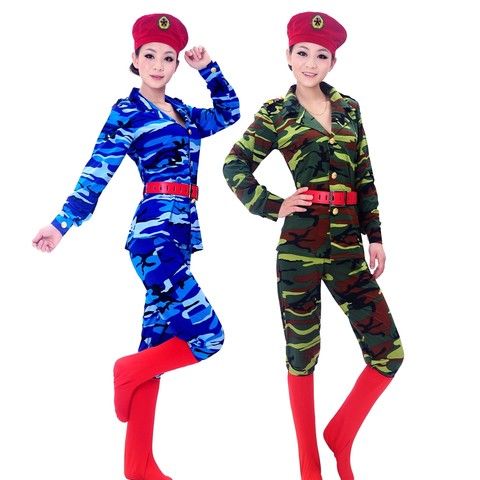 军装现代迷彩舞蹈演出服女兵舞台表演服广场舞合唱连衣裙军鼓服装红色