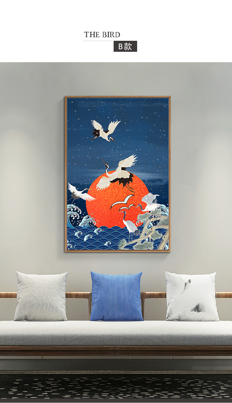 新中式国风玄关装饰画竖版书房餐厅壁画客厅沙发背景墙挂画仙鹤图e款