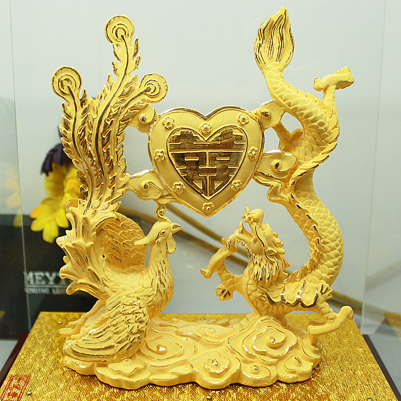 礼氏嘉绒沙金龙凤呈祥创意金摆件新婚礼物送闺蜜朋友同学结婚礼品