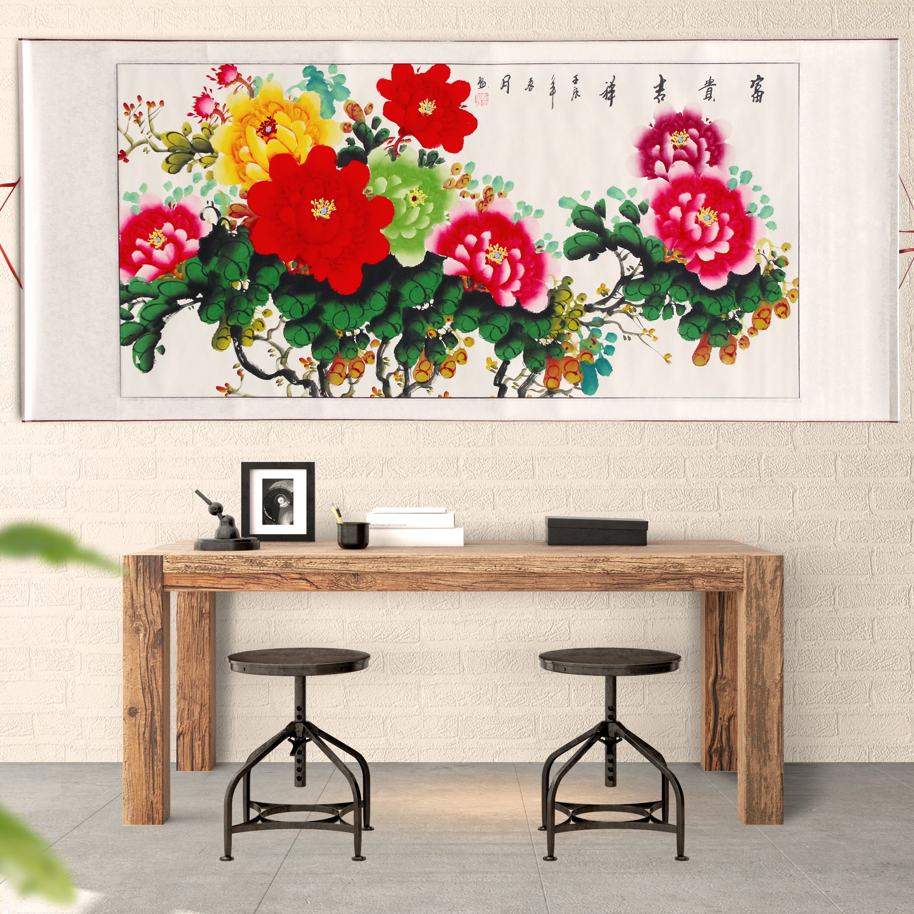 fsile中堂画纯手绘梅花写意花鸟字画红梅报春图客厅装饰国画已装裱