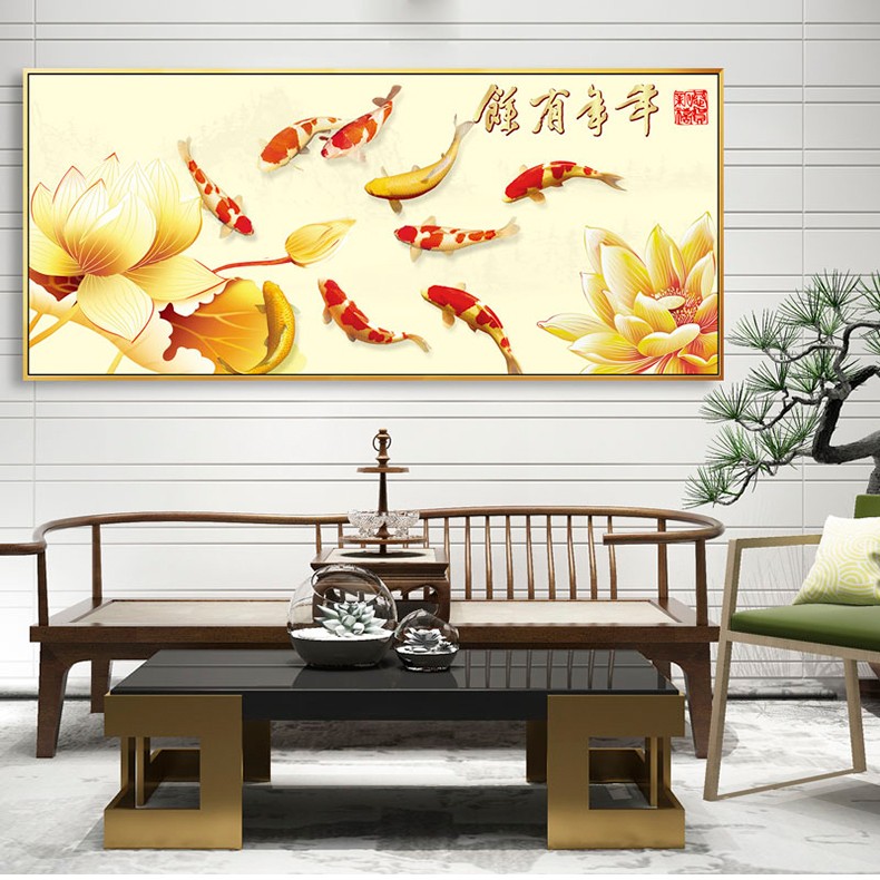 九鱼图装饰画中堂画客厅挂画现代简约富贵牡丹九条鱼壁画50厘米x110