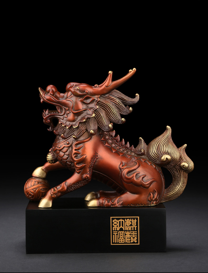 净也吉善缘纯铜彩祥瑞麒麟摆件铜工艺品家居饰品一对摆设