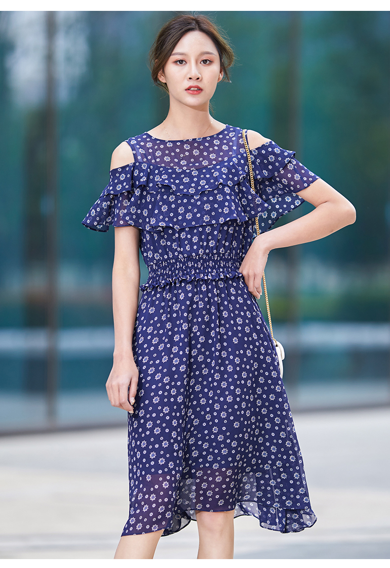 娅丽达女装2019夏季新款雪纺连衣裙中长款圆领高腰甜美公主裙子i6320