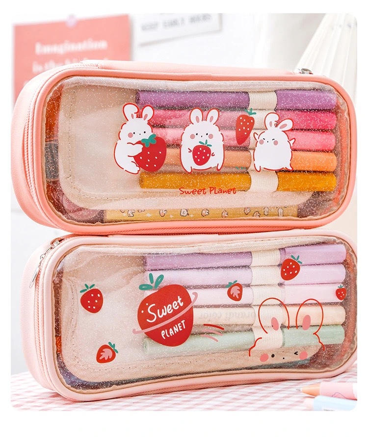 喻娄透明笔袋is女生可爱草莓兔子多功能pvc文具袋大容量初中生高中