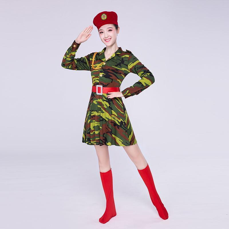 舞蹈服演出服成人军鼓服军装女款迷彩裙女兵服装广场舞军装迷彩海蓝色