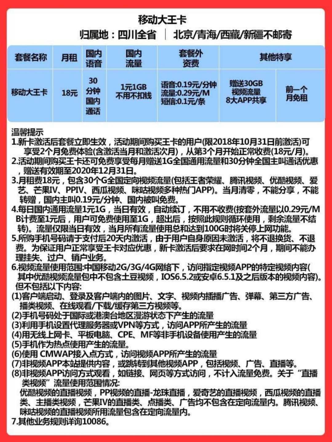 中国移动大王卡大流量上网卡全国通用不限流量无限流量卡0月租4g手机